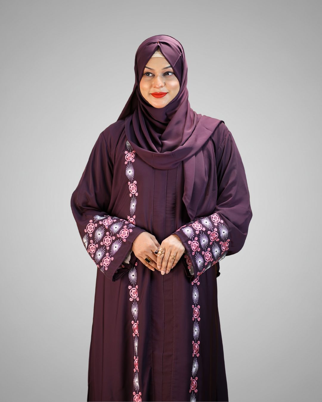 Luxury Cherry Fabric Borka with Embroidery Design