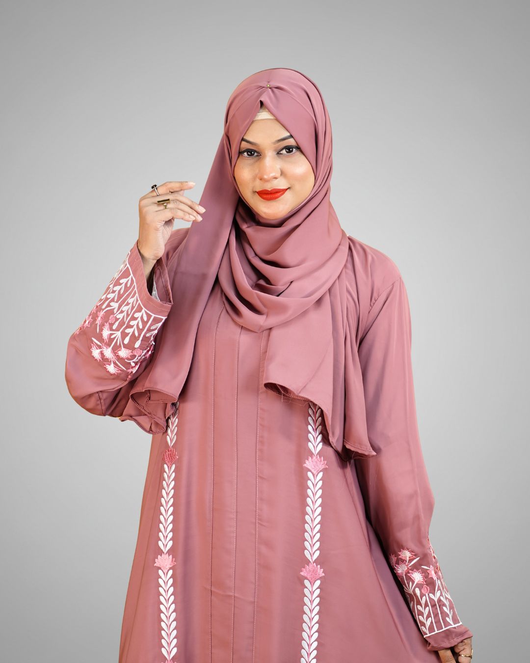 Dubai Cherry Fabric Borka with Embroidery Design