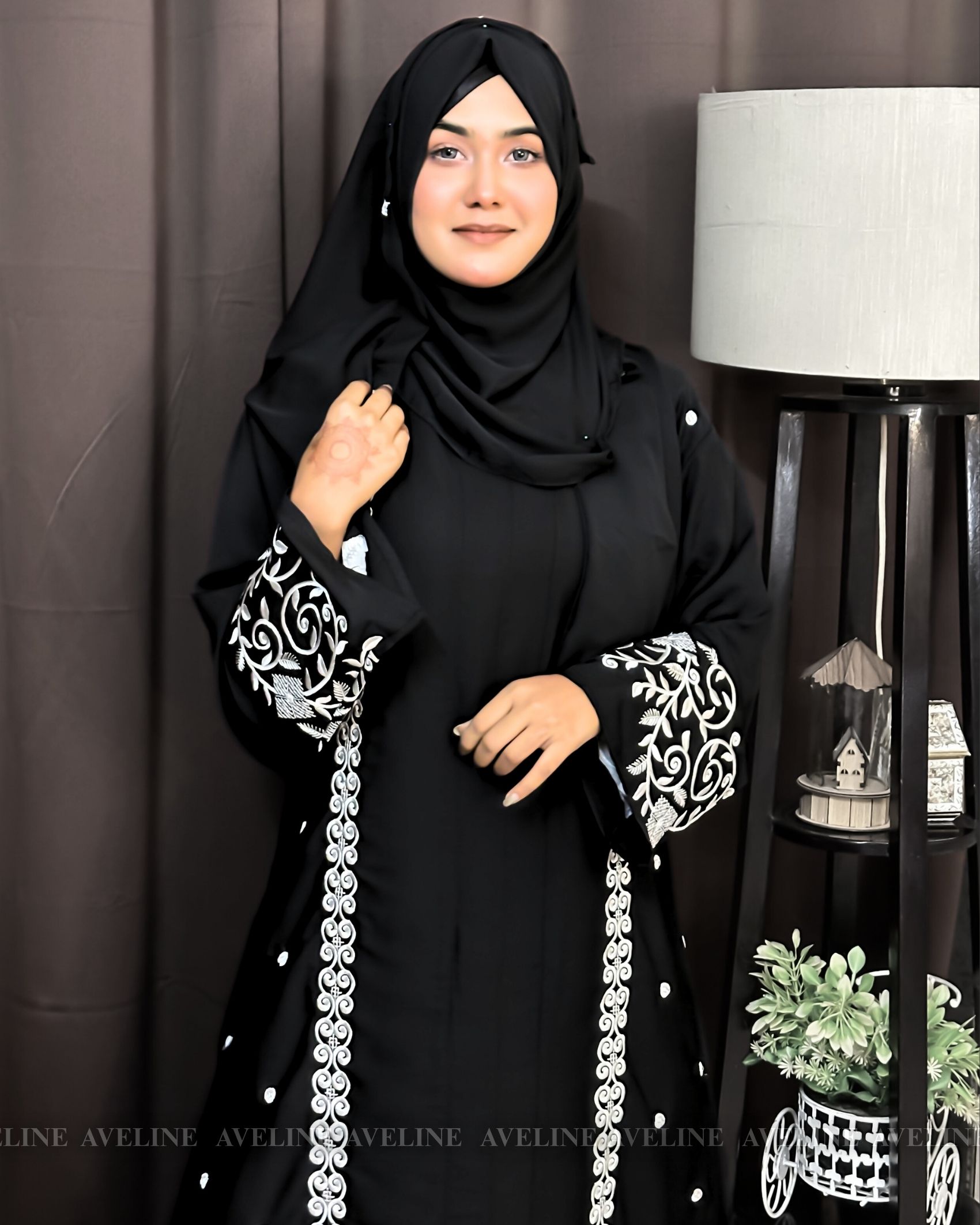 Cherry Fabric Burka with Embroidery Design