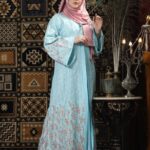 Sky Color Attached Koti Borka with Embroidery & Stone Work